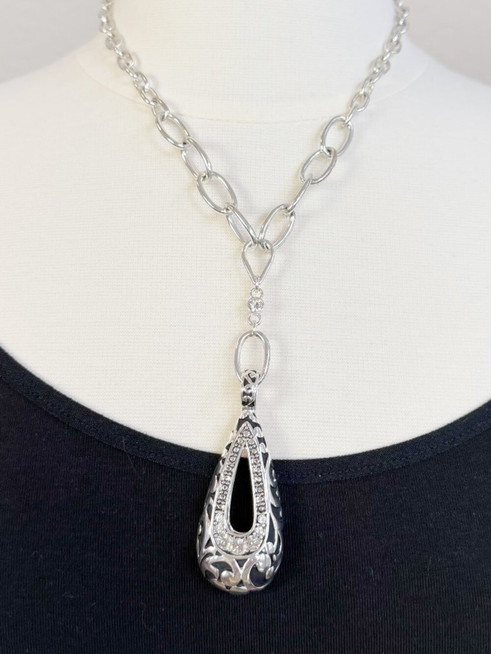 Silver & Black Necklace with Clear Crystal Accents